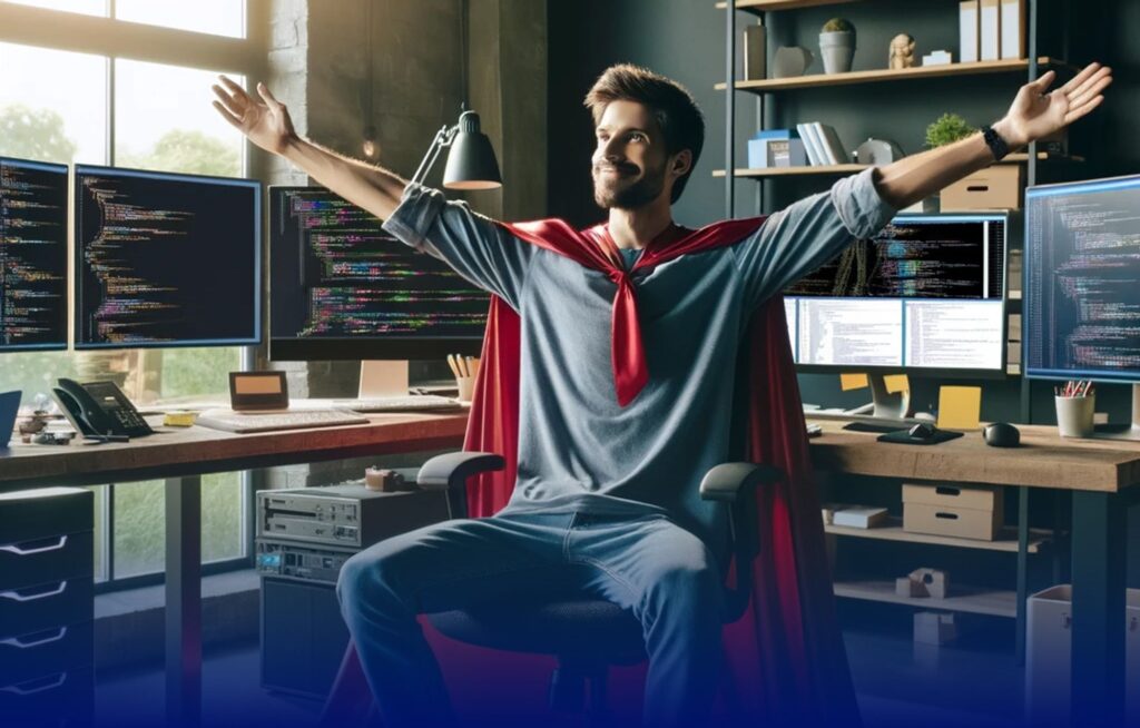 a developer with a cape depicting a superhuman dev highlighting his human factors
